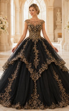 Black Gold Bateau Illusion Layered Embroidered Luxury Princess Quinceanera Ball Gown