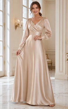Champagne V-Neck Poet-Sleeve Ruched Satin Elegant A-Line Floor Evening Gown