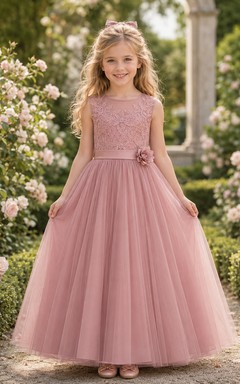 Flower Girl Dress Dusty Rose Lace Tulle A-Line Jewel Neck Floor Length