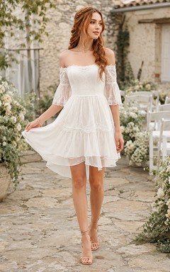 Country Short Boho Off Shoulder Tiered Wedding Dress
