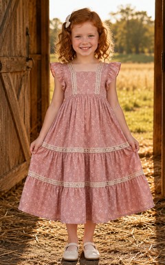Dusty Rose Vintage Casual Country Floral Cotton Ruffle Sleeve Flower Girl Tea-Length Garden Dress