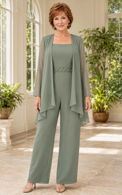 Sage Mother Jumpsuit with Square Neck Beaded Waist Overlay and Wide Leg Pants
