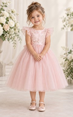 Teelanges, rosafarbenes A-Linien-Kleid aus Spitze und Tüll mit flatternden Ärmeln, Schärpe und Schleife am Rücken für Blumenmädchen