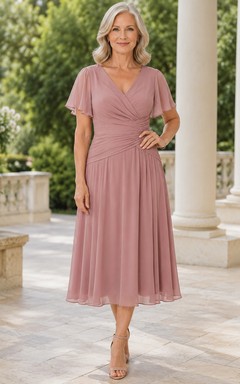 Dusty Rose Mature Woman V Neck Flutter Sleeve Chiffon Tea Length A Line Dress