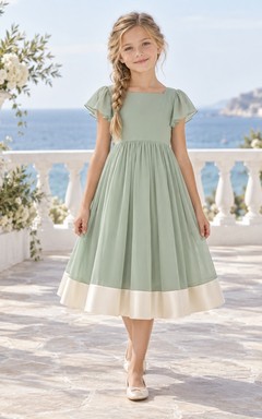 Modest Square Neck Sage Tea-length Folded Flutter Sleeve Ivory Banded Chiffon Flower Girl Dress