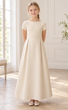 Simple Modest Champagne Ankle-length Short Sleeve Broad Hip Pleated Flared Flower Girl Dress