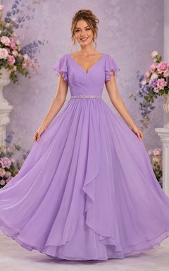 Romantic Lavender V-neck Short Sleeve Tulle Ball Gown Formal Dress
