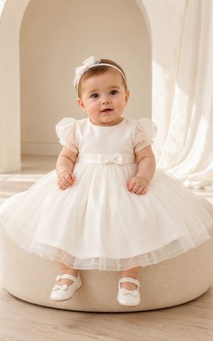 Modern Baby Baptism Christening Ceremony Dress A-Line Knee-Length Jewel Neck Puff Sleeve Tulle Bow Back Button Back