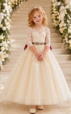 A-Line Christmas Wedding Flower Girl Dress with Cap Sleeves, Floral Lace Bodice, Tulle Skirt, Burgundy Waist Bow, Christmas Ceremony Style