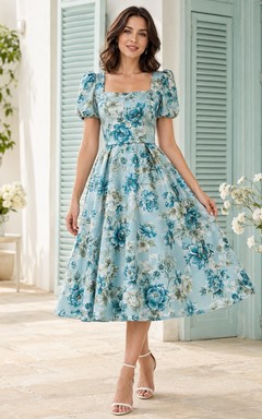 Sky Blue Floral Square Neck Puff Sleeve Satin A-Line Tea-Length Dress