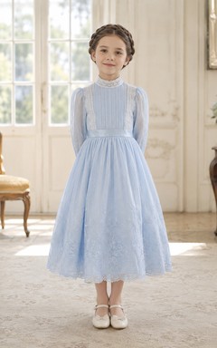 A-Line Edwardian Flower Girl Dress with High Neck, Long Sleeves, Pleated Tulle Skirt, Lace Trim, Edwardian Formal Style