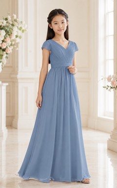 Stahlblaues Brautjungfernkleid für junge Damen, A-Linie, V-Ausschnitt, kurze Ärmel, romantisch