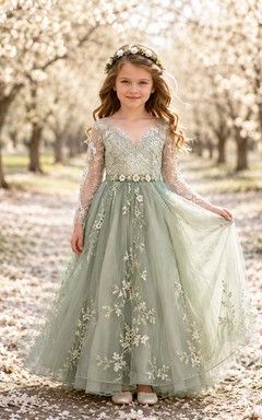 Flower Girl Dress Sage Lace Tulle A-Line Jewel Neck Tea Length