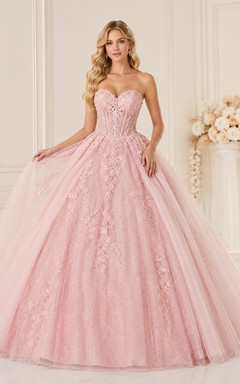 Vestido de princesa de quinceañera sin tirantes, de lujo, color rosa rubor, con sobrefalda de tul desmontable y brillo.