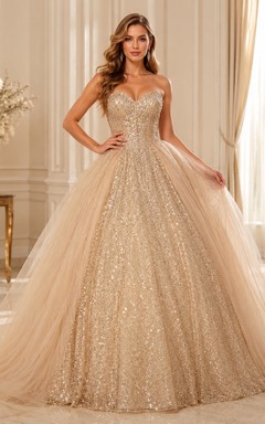 Champagne Luxury Strapless Sweetheart Sequin Tulle Overskirt Quinceanera Princess Ball Gown