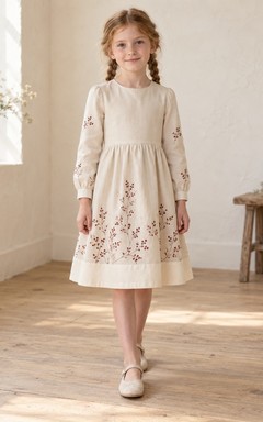 Schlichtes, dezentes, langärmeliges, cremefarbenes Teelängenkleid mit Bündchen aus Schmucksteinen, Beerenbordüre und gerafftem Saum im A-Linien-Stil für Blumenmädchen