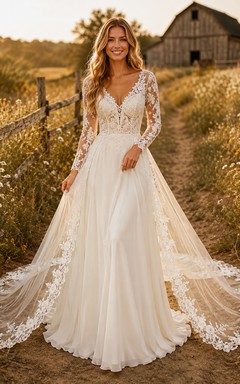 Robe de mariée champêtre en tulle et dentelle, coupe trapèze, col en V, manches longues, traîne chapelle