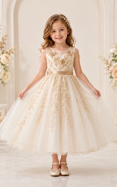 Champagne Gold Floral Tulle A-Line Flower Girl Party Dress with Sleeveless Appliques and Bow