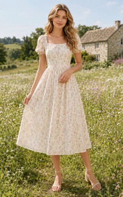Cottagecore Floral Square Neck Puff Sleeve Midi Dress