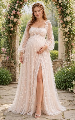 Maternity Wedding Dress Square Neck Long Sleeve Lace Garden Bridal Gown with Split Front