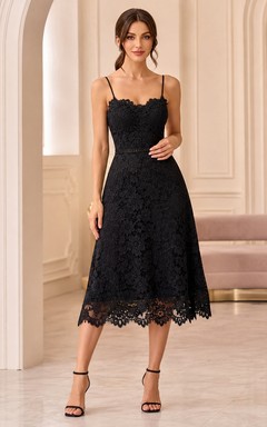 Black Simple Spaghetti-Strap Lace Square Sheath Tea-Length Cocktail Dress