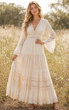Wheatfield Folklore Ivory A-Line Ankle-Length V-Neck Long-Sleeve Lace Bohemian Guest Dress