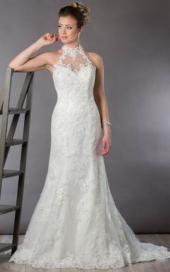 High Neck Illusion Back Sheath Bridal Gown With Allover Lace