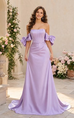 Romantic Lavender Satin Prom Mermaid Floor Length Off Shoulder Bow Sleeve Gown