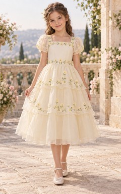 Tea-length Square Neck Cream Yellow Floral Puff Sleeve Embroidered Tiered Tulle Flowergirl Dress