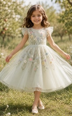 Robe romantique d'extérieur en tulle à manches pétales brodées de fleurs de sauge, coupe trapèze, longueur thé, idéale pour les demoiselles d'honneur