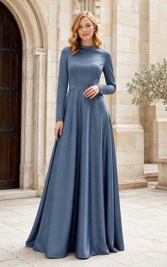 Dusty blue high neck long sleeve chiffon floor length bridesmaid gown