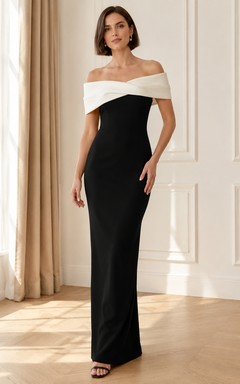 Elegante vestido de noche formal largo hasta el suelo, negro, con hombros descubiertos y ribete blanco de satén elástico.