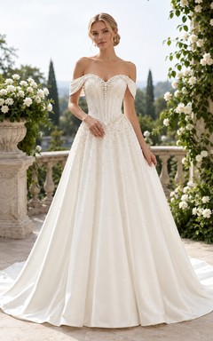 Vestido de novia de satén, corte A, sin hombros, largo hasta el suelo, con escote en V bajo en la espalda.