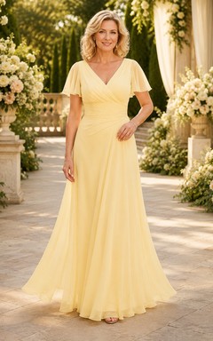 Narzissengelbes Chiffon-Kleid in A-Linie mit V-Ausschnitt und Volantärmeln