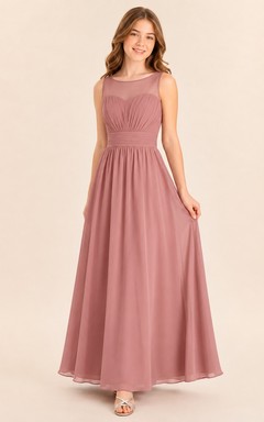 Elegantes, ärmelloses Chiffonkleid in Altrosa für junge Brautjungfern, A-Linie, eckiger Schnitt.