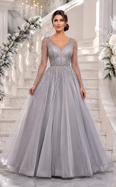 Silver Tulle Jewel Neck Sleeveless Ball Gown Floor-length Formal Dress