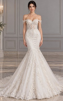 Mermaid Off Shoulder Sweetheart Beaded Lace Corset Train Wedding Dress