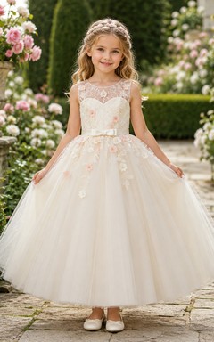 Bezauberndes A-Linien-Kleid aus Tüll für Blumenmädchen mit Schleife am Rücken