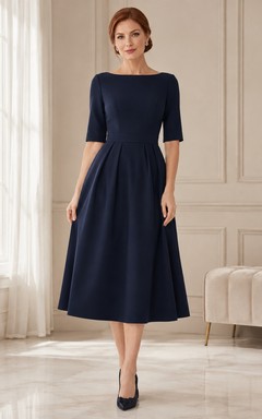 Dark Navy Modest Half Sleeve Bateau Satin Tea-Length A-Line Cocktail Guest Dress