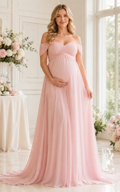 Vestido formal largo hasta el suelo de gasa de lujo color rosa rubor para embarazadas, con escote corazón y hombros descubiertos, estilo imperio.