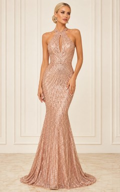 Champagne Sequins Halter-Neck Sleeveless Mermaid Sweep-Train Sequin Evening-Gown