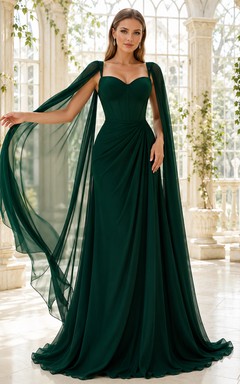 Vestido de quinceañera formal de gasa con tirantes cuadrados largos y capa, color verde oscuro, estilo moderno.