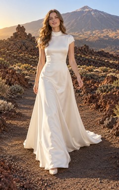 Vestido de novia sencillo de satén con cuello alto, corte en A, mangas cortas y cola.