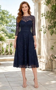 Navy Jewel Long Sleeve Lace A-Line Tea-length Illusion Formal Dress