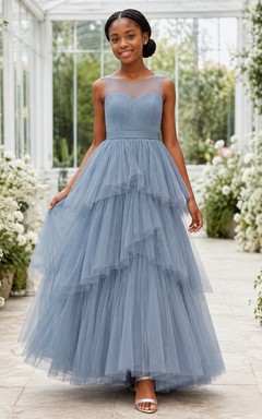 Schieferblaues Brautjungfernkleid im A-Linien-Schnitt mit Herzausschnitt, ärmellos, aus Tüll, romantisch