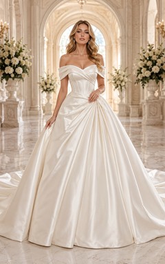 Vestido de novia minimalista de satén, estilo princesa, con hombros descubiertos y cola larga.