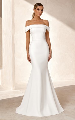 Sexy White Off-Shoulder Stretch Satin Mermaid Formal Prom Dress Red-Carpet