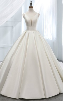 Satin-Ballkleid, ärmellos, elegant, mit tiefem Ausschnitt und Korsettrücken, Prinzessinnen-Hochzeitskleid-Stil