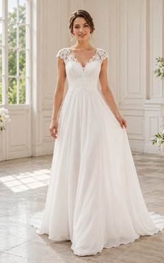 Budget V Neck Lace Chiffon Wedding A Line Cap Sleeve Court Train