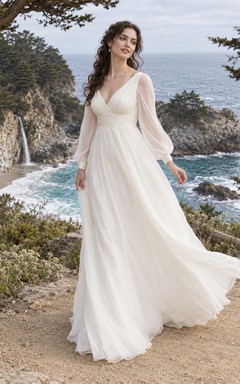 Simple Long Sleeve Empire V-Neck Ruched Organza Floor Length Wedding Dress